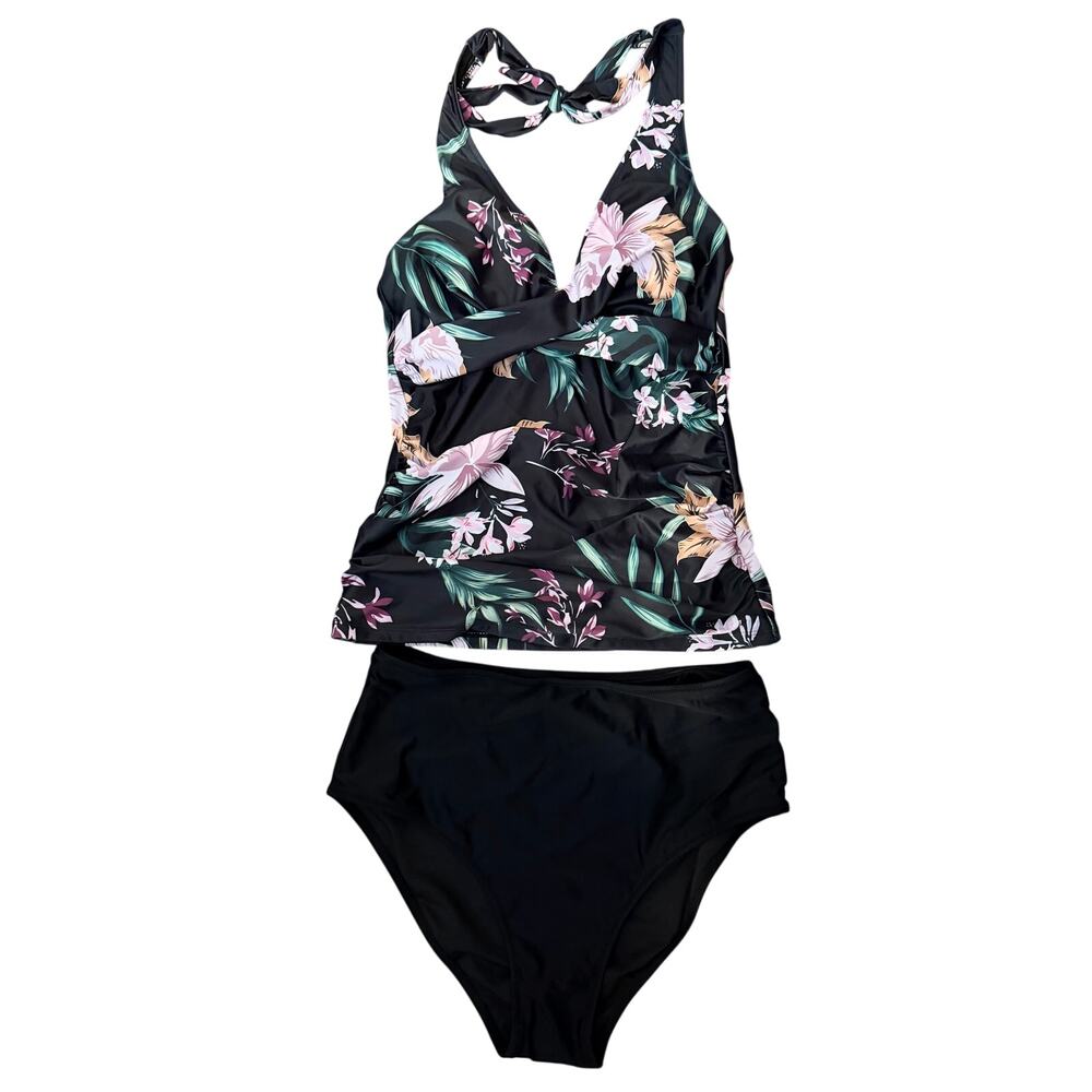 NEW Women's Sexy Haltar Tankini Bathing Suit Black/floral Size M